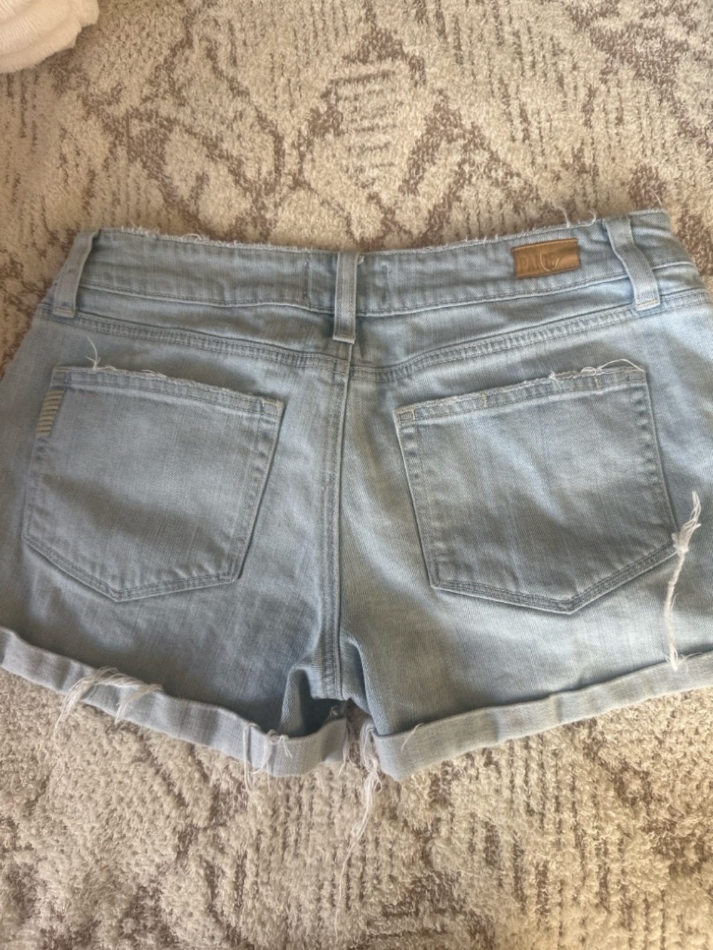 PAIGE Denim Shorts Size 26 Light Wash Distressed Raw Hem Cuffed Mid Rise